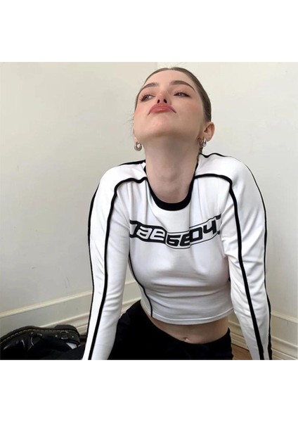 Beyaz Old School AE6604 Uzun Kollu Crop