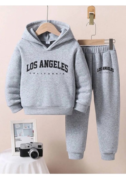 Losangeles Baskılı Pamuklu Kalın Kapüşonlu Çocuk Eşofman Takımı