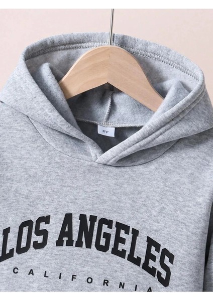 Losangeles Baskılı Pamuklu Kalın Kapüşonlu Çocuk Eşofman Takımı modelleri
