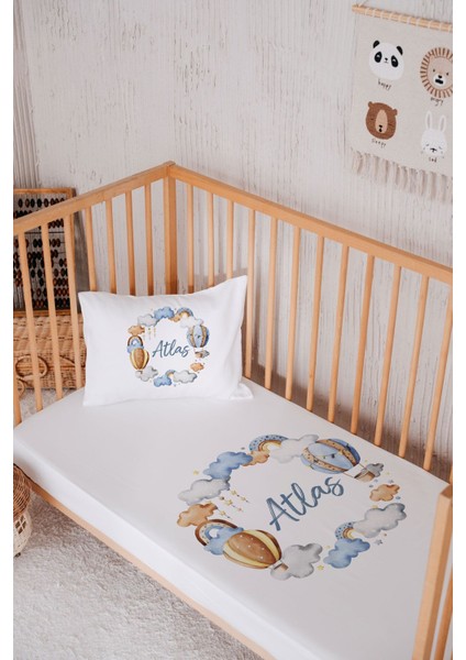 %100 Pamuk Yatak Çarşaf Seti, 100X120, Bulutlar ve Balon Deseni