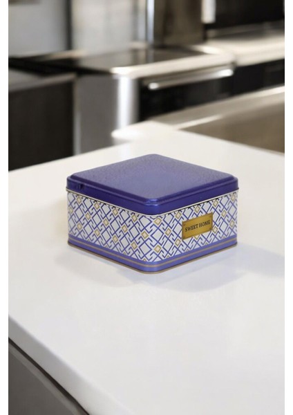 Ev Dekoratif Kare Metal Saklama Kabı, 16X16 Cm, Beyaz ve Mavi Desenli