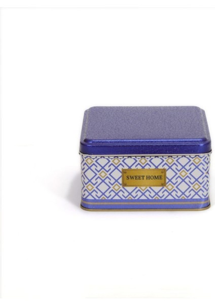 Ev Dekoratif Kare Metal Saklama Kabı, 16X16 Cm, Beyaz ve Mavi Desenli modelleri