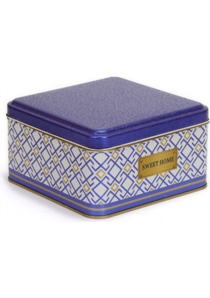 Ev Dekoratif Kare Metal Saklama Kabı, 16X16 Cm, Beyaz ve Mavi Desenli fırsatları