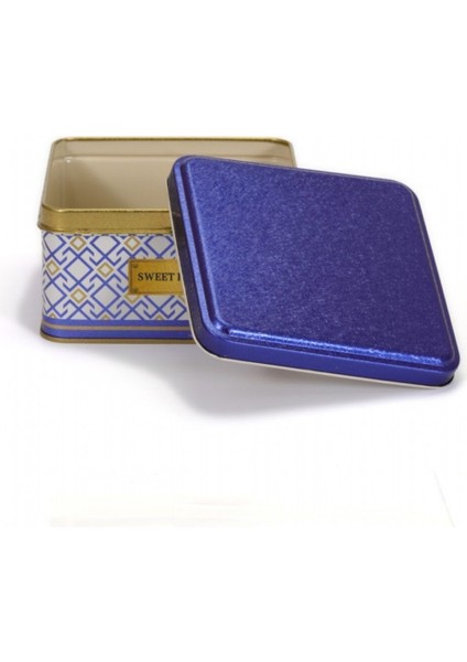 Ev Dekoratif Kare Metal Saklama Kabı, 16X16 Cm, Beyaz ve Mavi Desenli indirimleri