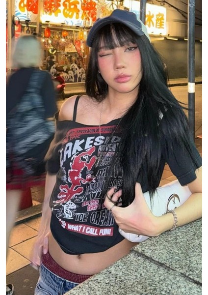 Füme Lakeside Omuz Dekolteli Askılı Y2K Kısa Kollu Crop modelleri