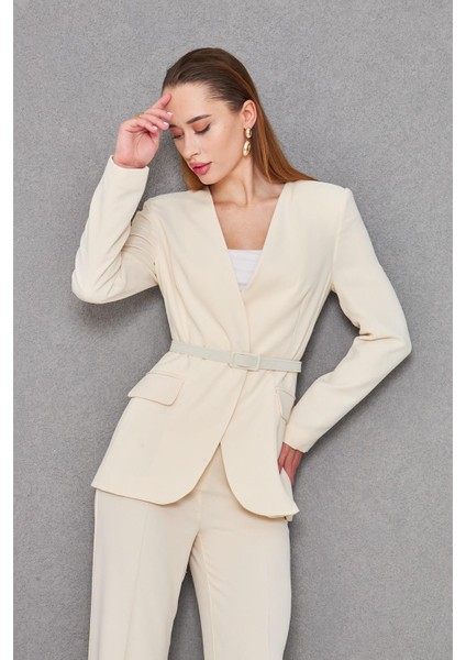 Kemerli V Yaka Takım Bej