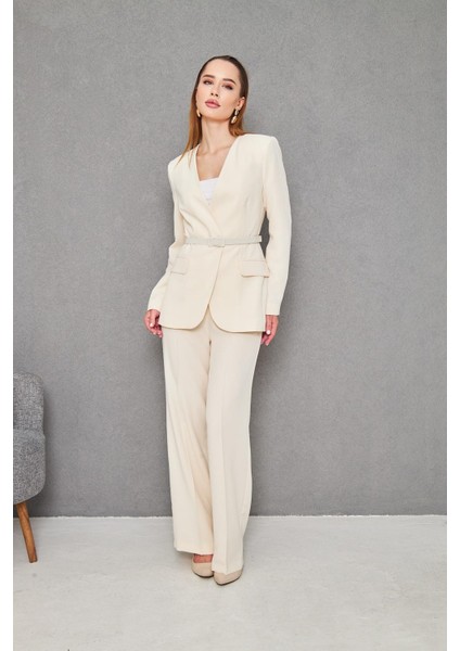 Kemerli V Yaka Takım Bej fiyatları