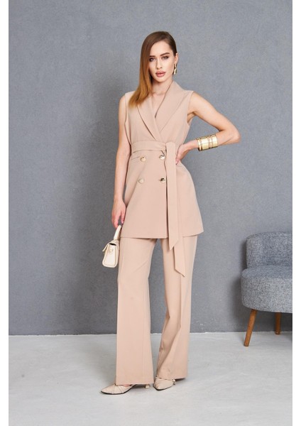 Gold Düğme Kuşaklı Yelek Takım Vizon fiyatları