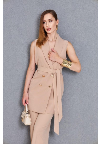 Gold Düğme Kuşaklı Yelek Takım Vizon modelleri