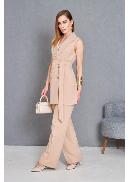 Gold Düğme Kuşaklı Yelek Takım Vizon fırsatları