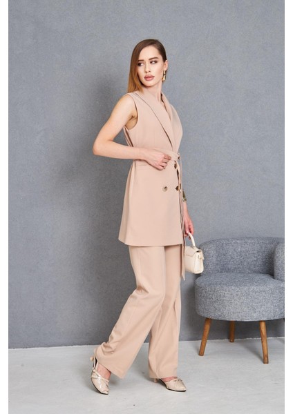 Gold Düğme Kuşaklı Yelek Takım Vizon indirimleri