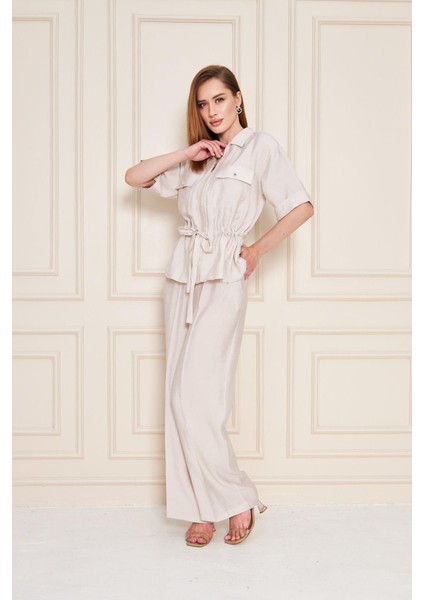 Fermuarlı Cep Detay Modal Ikili Takım Bej