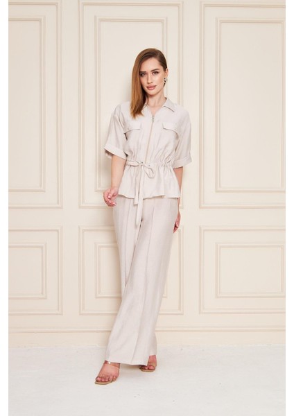 Fermuarlı Cep Detay Modal Ikili Takım Bej modelleri