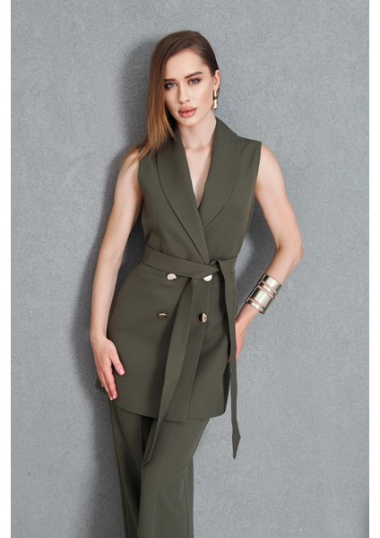 Gold Düğme Kuşaklı Yelek Takım Haki
