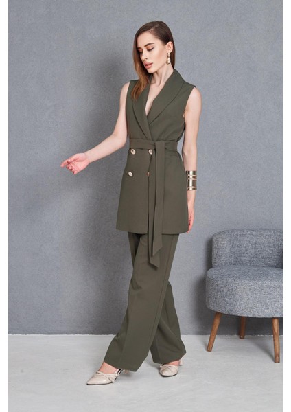 Gold Düğme Kuşaklı Yelek Takım Haki fiyatları