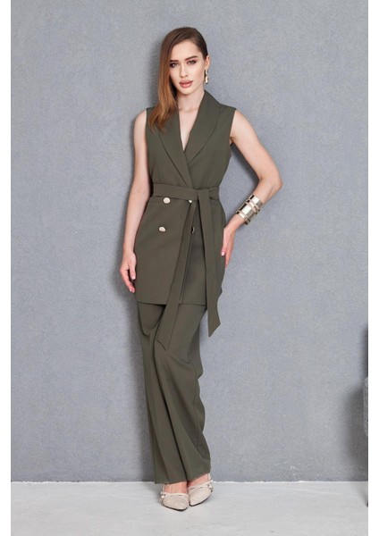 Gold Düğme Kuşaklı Yelek Takım Haki modelleri