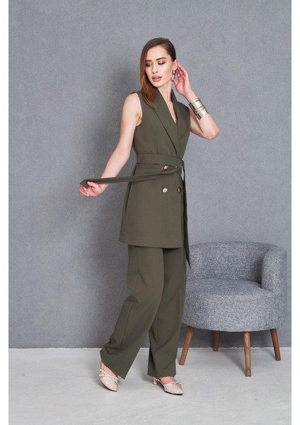 Gold Düğme Kuşaklı Yelek Takım Haki fırsatları