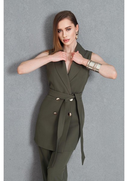 Gold Düğme Kuşaklı Yelek Takım Haki indirimleri