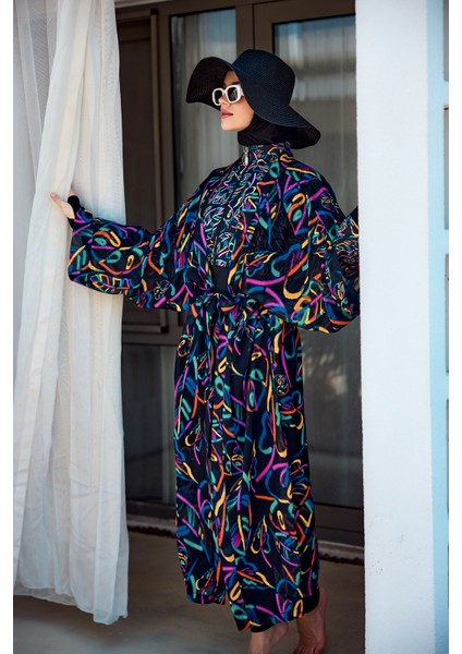 Remsa Tesettür Mayo Üzerine Tek Kaftan Kimono Pareo SIYAH04 RP035 Yağmur