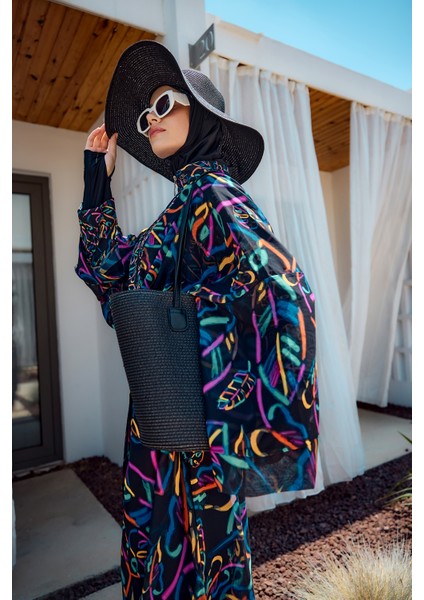 Remsa Tesettür Mayo Üzerine Tek Kaftan Kimono Pareo SIYAH04 RP035 Yağmur modelleri