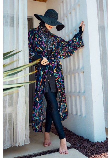 Remsa Tesettür Mayo Üzerine Tek Kaftan Kimono Pareo SIYAH04 RP035 Yağmur indirimleri