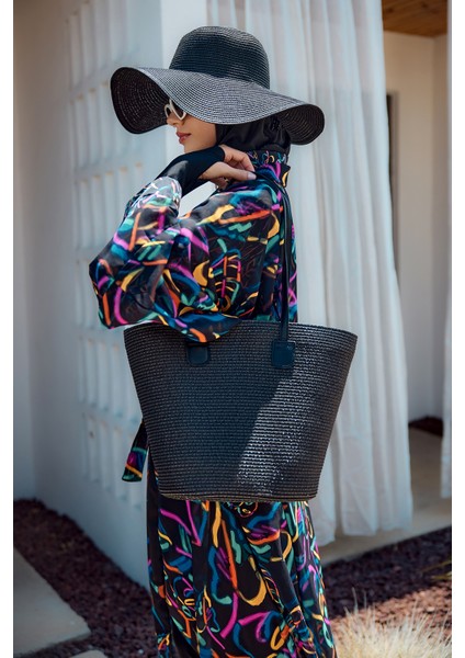 Remsa Tesettür Mayo Üzerine Tek Kaftan Kimono Pareo SIYAH04 RP035 Yağmur