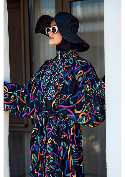 Remsa Tesettür Mayo Üzerine Tek Kaftan Kimono Pareo SIYAH04 RP035 Yağmur