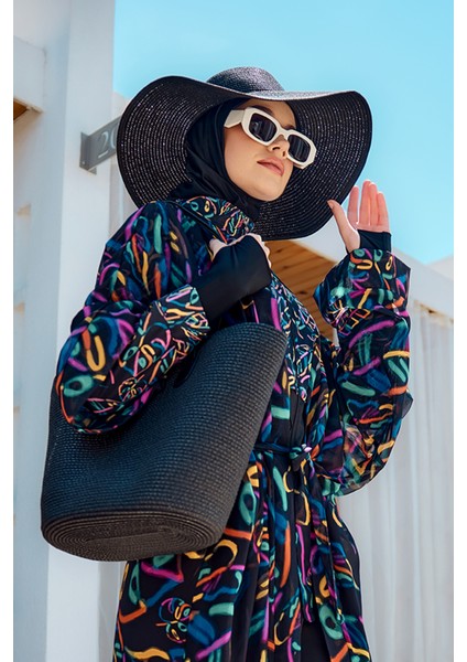 Remsa Tesettür Mayo Üzerine Tek Kaftan Kimono Pareo SIYAH04 RP035 Yağmur