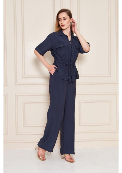 Fermuarlı Cep Detay Modal Ikili Takım Lacivert modelleri