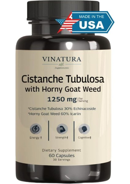 Vınatura Cistanche With Horny Goat Weed Tongkatalı 1250MG Energy, Strength Cognitive 60 Capsules.abd Menşei