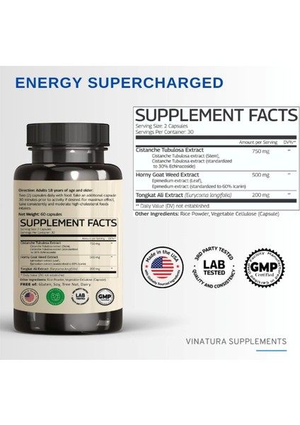 Vınatura Cistanche With Horny Goat Weed Tongkatalı 1250MG Energy, Strength Cognitive 60 Capsules.abd Menşei fiyatları