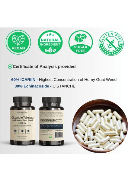 Vınatura Cistanche With Horny Goat Weed Tongkatalı 1250MG Energy, Strength Cognitive 60 Capsules.abd Menşei fırsatları