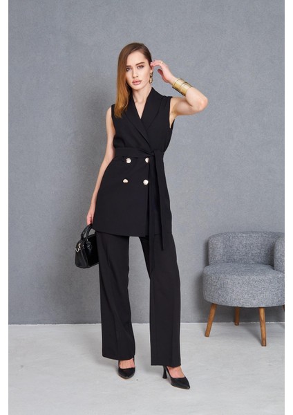Gold Düğme Kuşaklı Yelek Takım Siyah