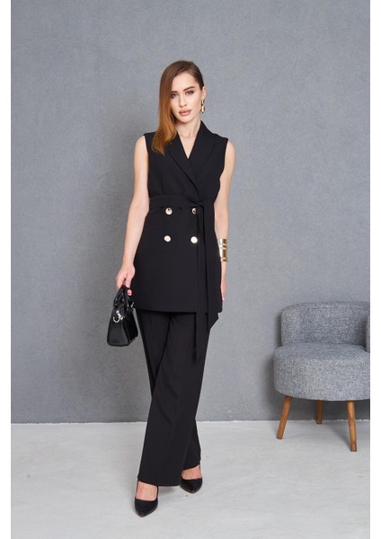 Gold Düğme Kuşaklı Yelek Takım Siyah fiyatları