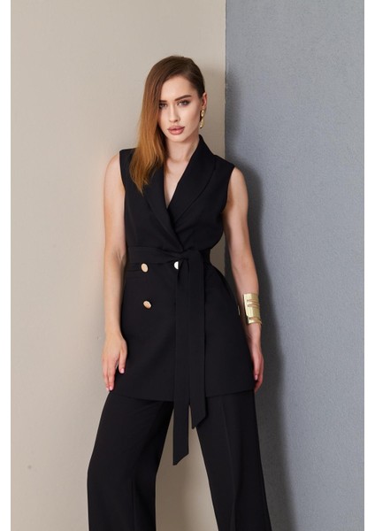 Gold Düğme Kuşaklı Yelek Takım Siyah modelleri