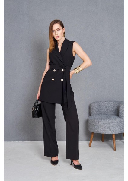 Gold Düğme Kuşaklı Yelek Takım Siyah fırsatları