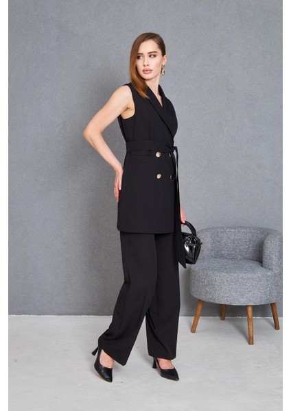 Gold Düğme Kuşaklı Yelek Takım Siyah indirimleri