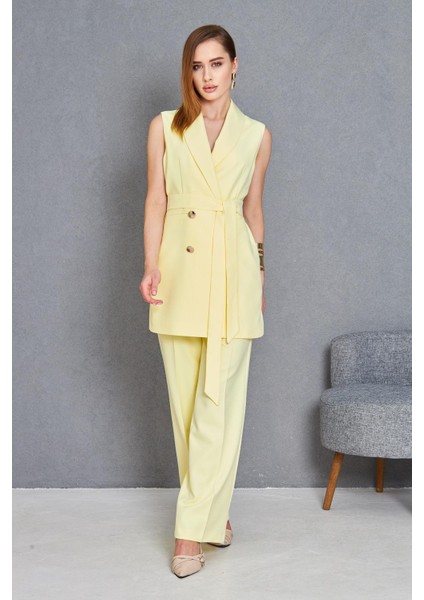 Gold Düğme Kuşaklı Yelek Takım Limon