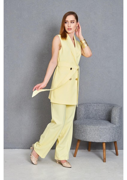 Gold Düğme Kuşaklı Yelek Takım Limon fiyatları