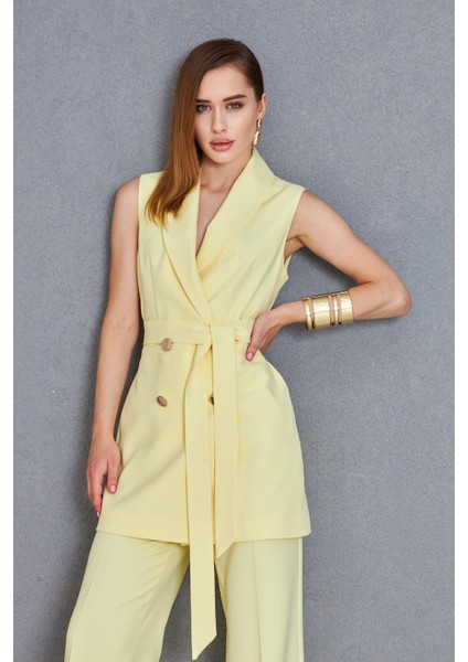 Gold Düğme Kuşaklı Yelek Takım Limon modelleri