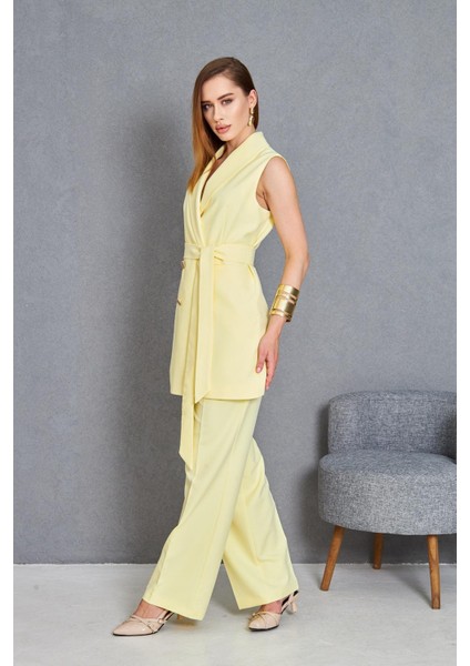 Gold Düğme Kuşaklı Yelek Takım Limon fırsatları