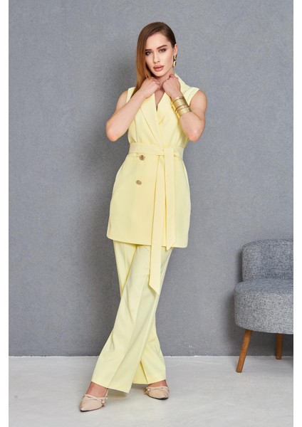 Gold Düğme Kuşaklı Yelek Takım Limon indirimleri