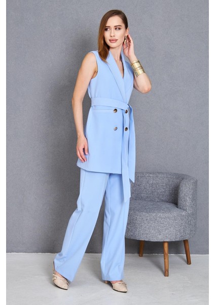 Gold Düğme Kuşaklı Yelek Takım Bebe Mavi modelleri