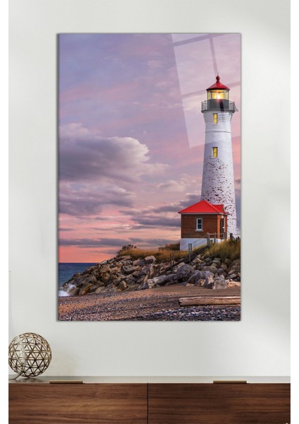 Deniz Feneri ve Ev Dikey Cam Tablo, Modern Ev Ofis Dekoru, Hediyelik Duvar Dekorasyonu, Kırılmaz Cam