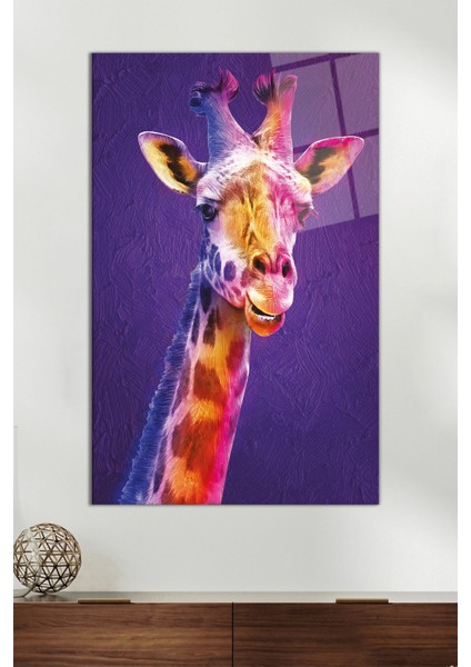 Renkli Zürafa Portresi Dikey Cam Tablo, Modern Ev Dekoru, Hediyelik Duvar Dekorasyonu, Kırılmaz Cam