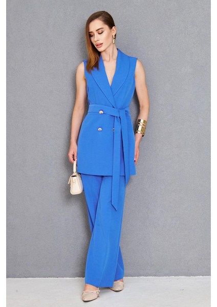 Gold Düğme Kuşaklı Yelek Takım Indigo