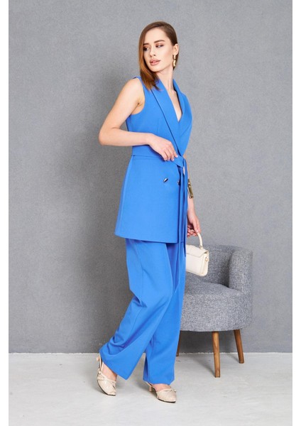 Gold Düğme Kuşaklı Yelek Takım Indigo modelleri