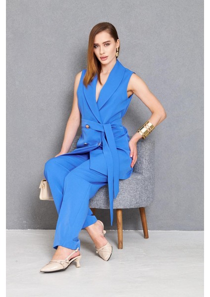 Gold Düğme Kuşaklı Yelek Takım Indigo fırsatları