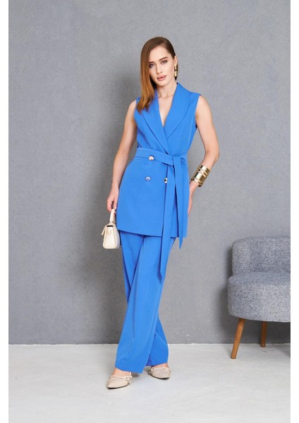 Gold Düğme Kuşaklı Yelek Takım Indigo indirimleri
