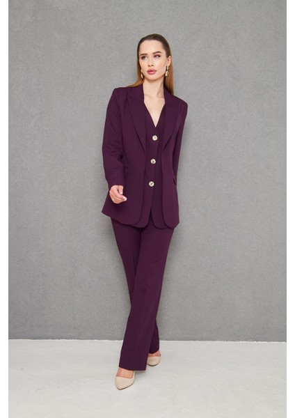 Yelek Görünümlü 3 Gold Düğme Takım Mürdüm